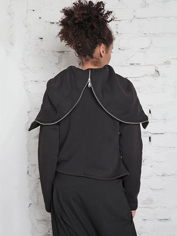 Original Solid Color Zipper High-Neck Hooded Long Sleeves Outwear