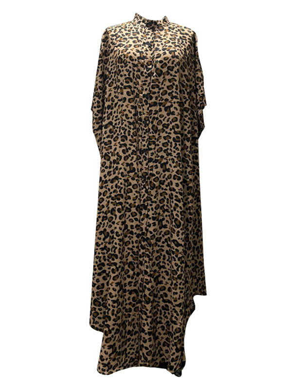 Stylish Loose Leopard Batwing Sleeves Stand Collar Maxi Dress