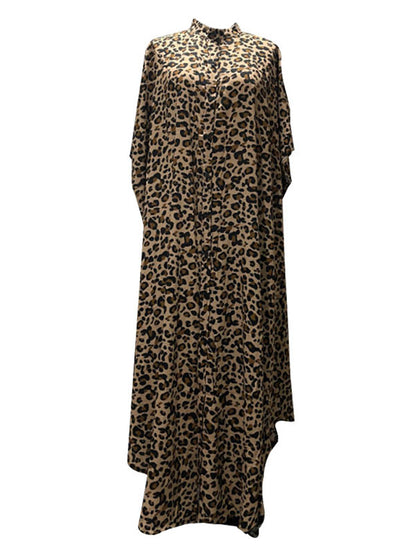 Stylish Loose Leopard Batwing Sleeves Stand Collar Maxi Dress