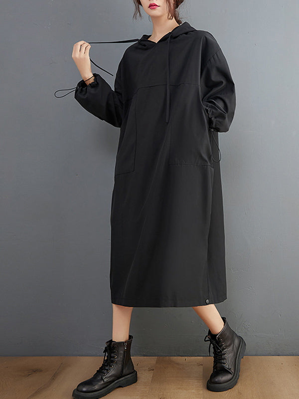 Casual Split-Side Solid Color Hooded Drawstring Long Sleeves Midi Dress
