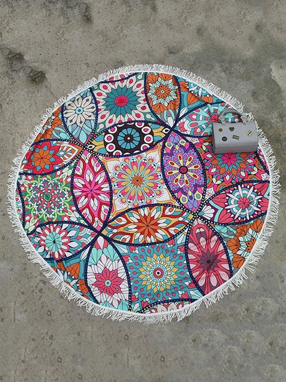 Floral Printed Tasseled Round Beach Mat