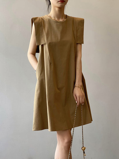 Casual Split-Joint Solid Color Round-Neck Sleeveless Mini Dress