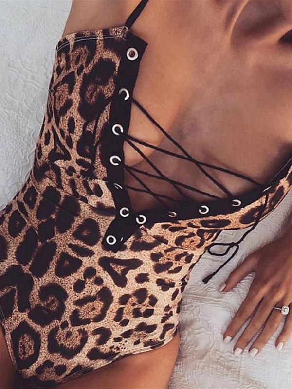 Leopard Lattice One Piece Swimsuit