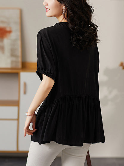 Casual Solid Color Split-Joint Lace Pleated Beaded V-Neck Elasticity Short Sleeves T-Shirt