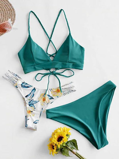 Solid Color & Floral-Print Three-Piece Split Bikini Swimsuit