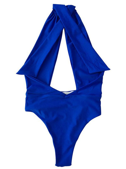 Solid Bandage Halter-neck One-piece Swimwear