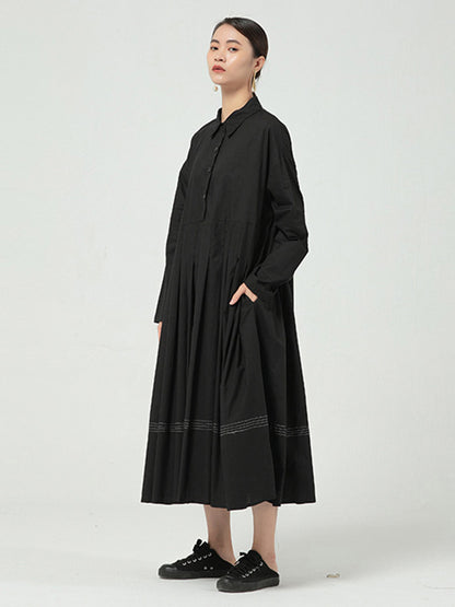 Casual Solid Color Buttoned Pleated Lapel Collar Long Sleeves Midi Dress