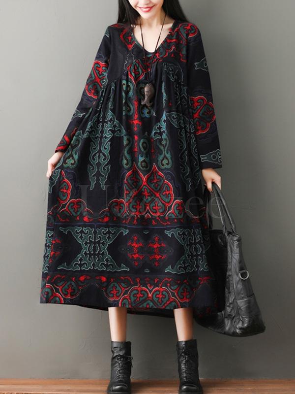 Vintage Floral Ramie Cotton V-neck Maxi Dress