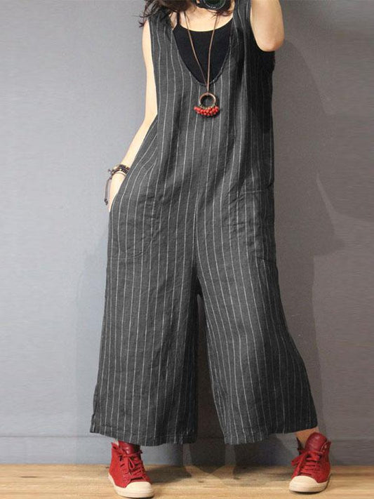 Striped V-neck With-pockets Wide Leg Jumpsuits