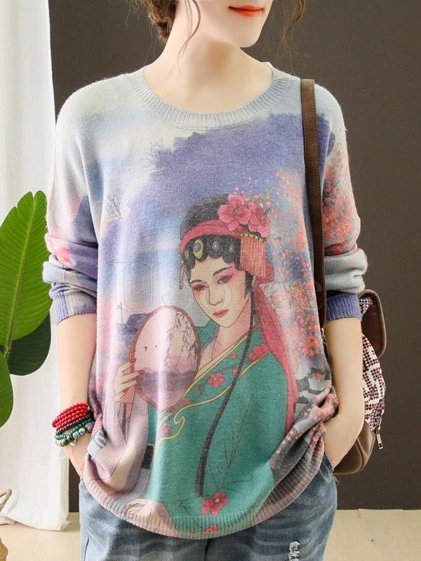 Vintage Opera Figure Printed Round-neck Sweater