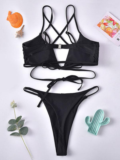 Solid Color Bandage Split Bikini Swimsuit