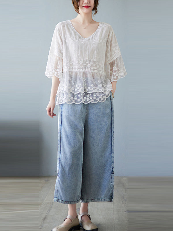 Original Loose Artistic Retro Lace Embroidered T-Shirt Top