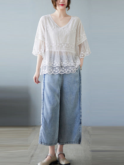 Original Loose Artistic Retro Lace Embroidered T-Shirt Top