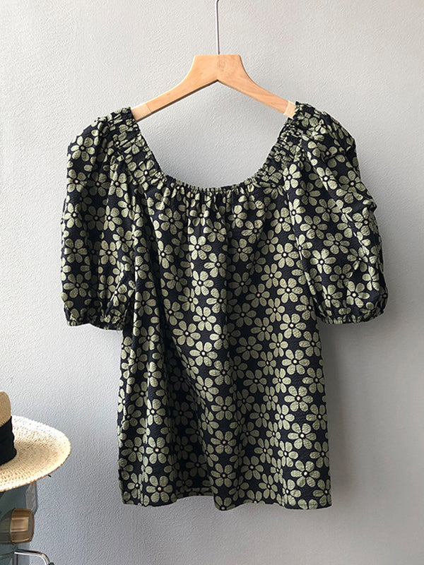 Loose Puff Sleeves Floral Printed T-Shirt