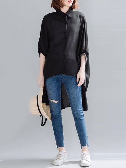 Casual Solid Color Irregular Pleated Buttoned Lapel Collar Batwing Half Sleeves Blouse