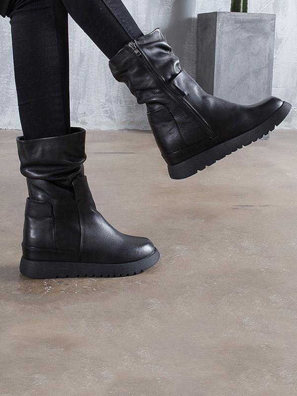 Black Fold Zipper Cow Leather Short Boots