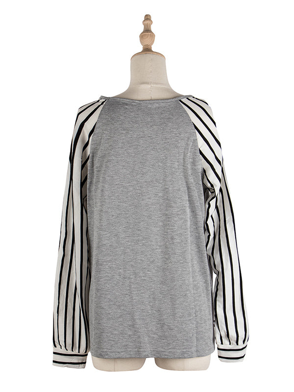 Stylish V-Neck Leopard Striped Split-Joint Raglan Sleeve T-Shirts