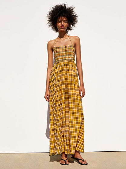 Plaid Empire Halter-neck Maxi Dress