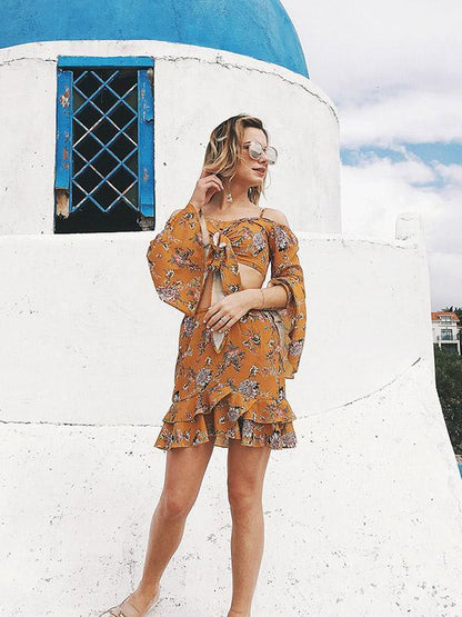 Floral Off Shoulder Flared Sleeves Tops And Skirt Bottoms