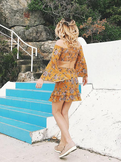 Floral Off Shoulder Flared Sleeves Tops And Skirt Bottoms