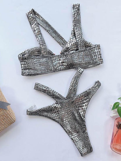 Snake-Print Asymmetric Split Bikini Swimsuit