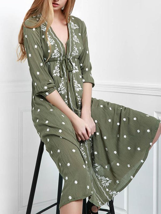 Popular Inwrought Bohemia Half Sleeve V Neck Beach Maxi Dress