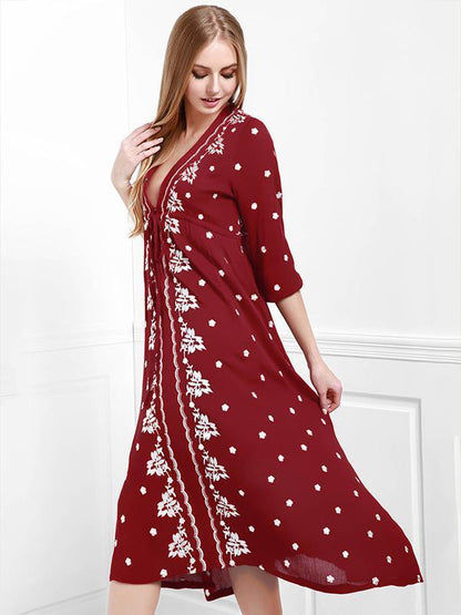 Popular Inwrought Bohemia Half Sleeve V Neck Beach Maxi Dress