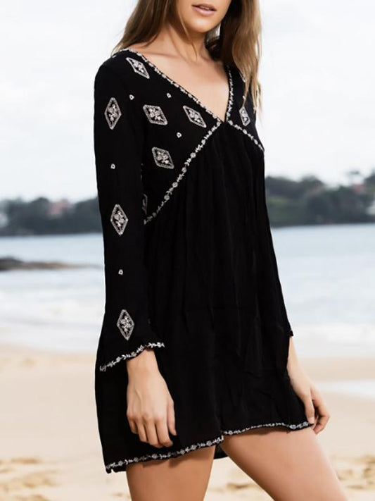Bohemia Loose Long Sleeves V Neck Mini Dress