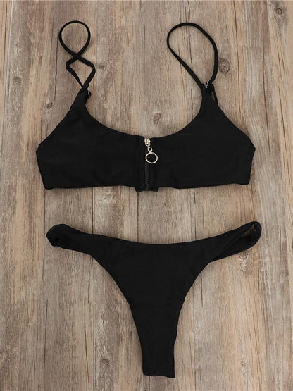 Zipper Top Plain Bikinis Swimwear