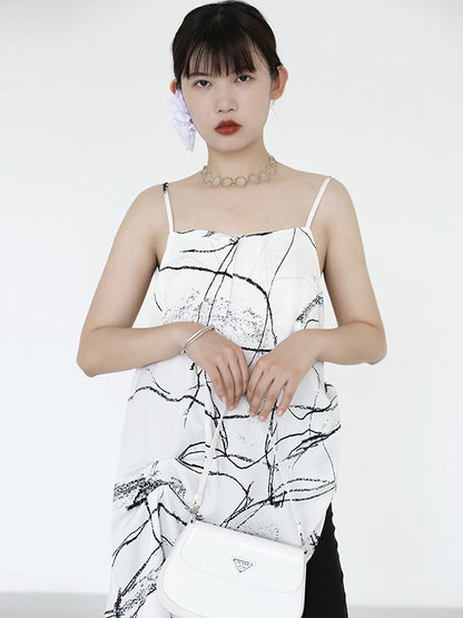 Vintage Printed Asymmetric Spaghetti-Neck Vest Top