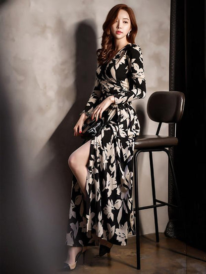 Pretty Bohemia Floral Split-side Long Sleeves Maxi Dress