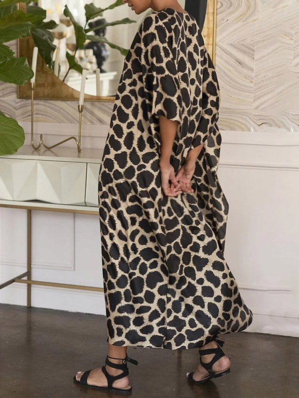 Loose Leopard Half Sleeves V-Neck Maxi Dress