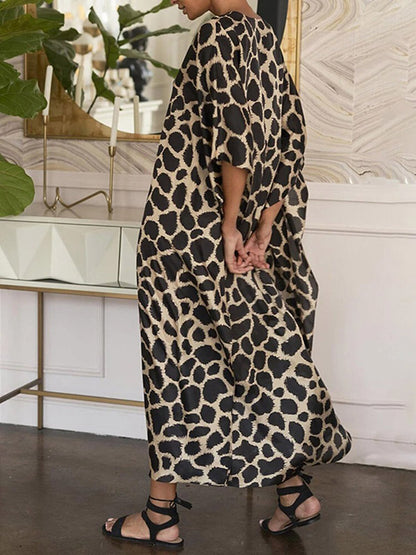 Loose Leopard Half Sleeves V-Neck Maxi Dress