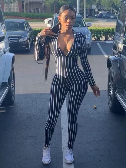 Striped V-neck Fitness Jumpsuits