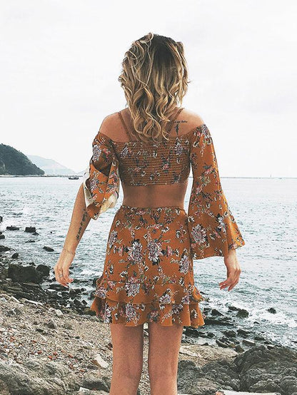 Floral Off Shoulder Flared Sleeves Tops And Skirt Bottoms