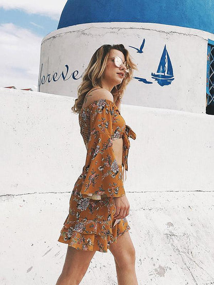 Floral Off Shoulder Flared Sleeves Tops And Skirt Bottoms