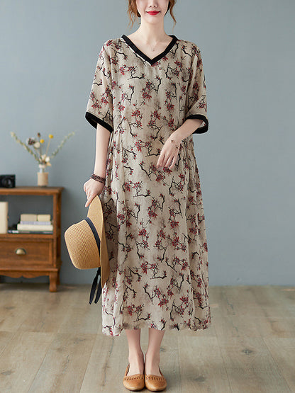 Artistic Retro Contrast Color Floral Printed Midi Dress