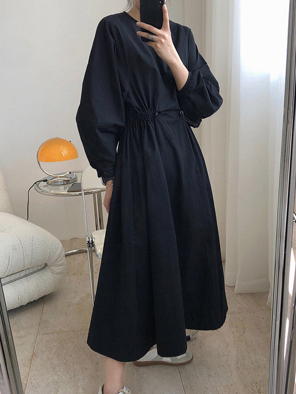 Simple Solid Color Round-Neck Pleated Long Sleeves Midi Dress