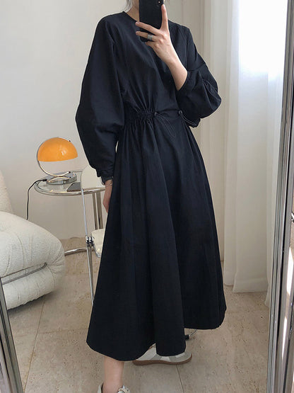 Simple Solid Color Round-Neck Pleated Long Sleeves Midi Dress