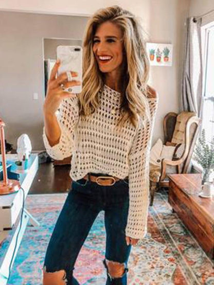 White Long Sleeve Hollow Blouses&Shirts Tops