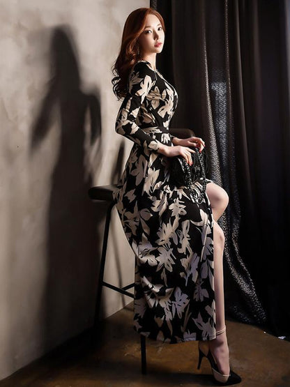 Pretty Bohemia Floral Split-side Long Sleeves Maxi Dress