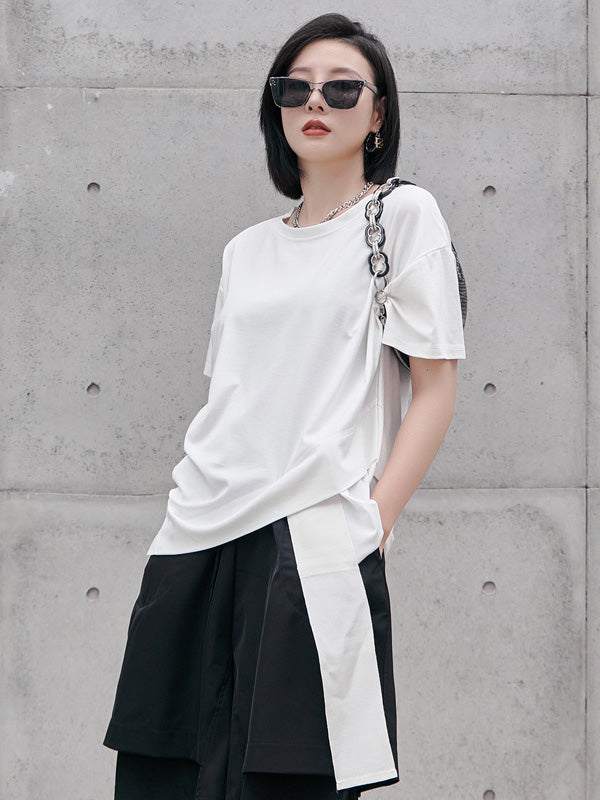 Original Black&White Asymmetric Round-Neck Short Sleeves T-Shirts