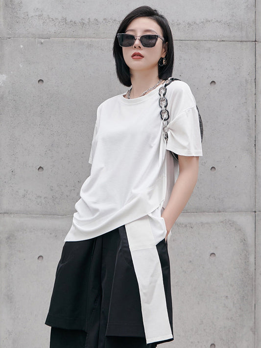 Original Black&White Asymmetric Round-Neck Short Sleeves T-Shirts