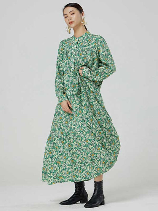 Original Buttoned Floral Printed Stand Collar Long Sleeves Loose Midi Dress