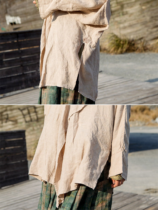 Artistic Retro Irregular Ramie Cotton Pleated V-Neck Long Sleeves T-Shirt