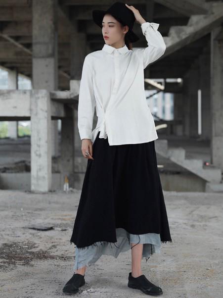 Ramie Cotton Split-joint Skirt Bottom