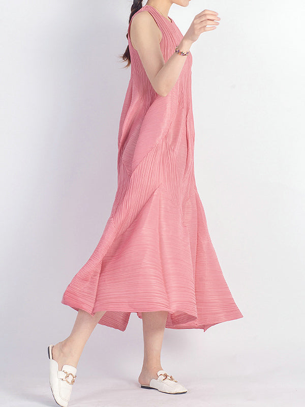 Casual Sleeveless Loose Pleated Solid Color Round-Neck Midi Dresses