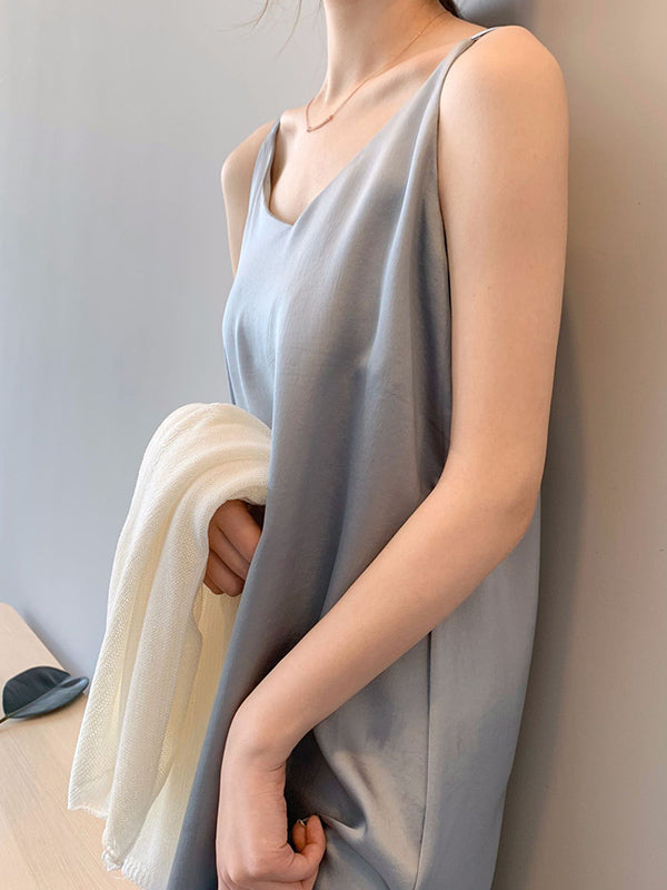 Urban Solid Color Spaghetti-Neck Loose Midi Dress