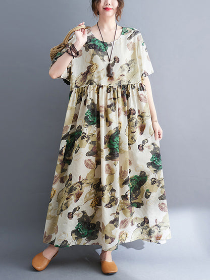 Original Artistic Retro Loose Pleated Floral Printed Midi Dress