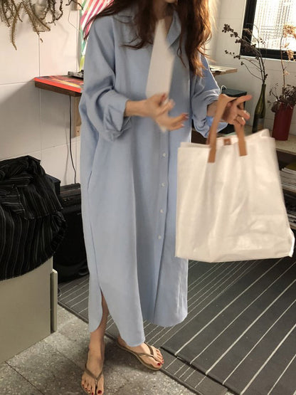 Simple Loose Casual Solid Color Buttoned Split-Side Lapel Collar Long Sleeves Midi Shirt Dress